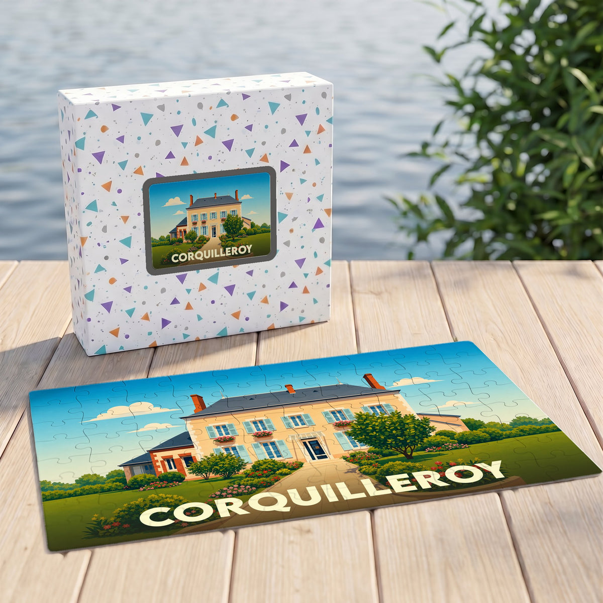Puzzle souvenir de la ville de Corquilleroy avec une illustration stylisée d'une grande demeure bourgeoise.