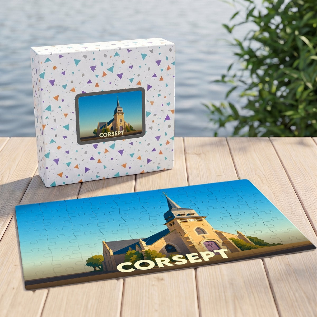 Puzzle souvenir de la ville de Corsept avec une illustration stylisée de son église.
