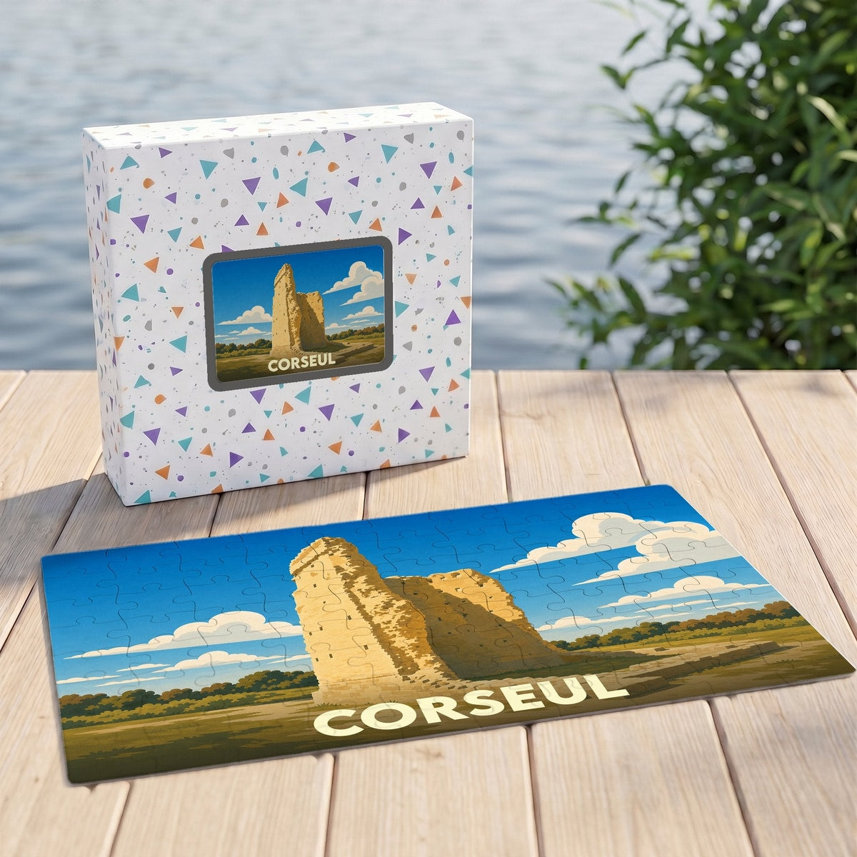 Puzzle souvenir de la ville de Corseul avec une illustration stylisée d'un monument antique.