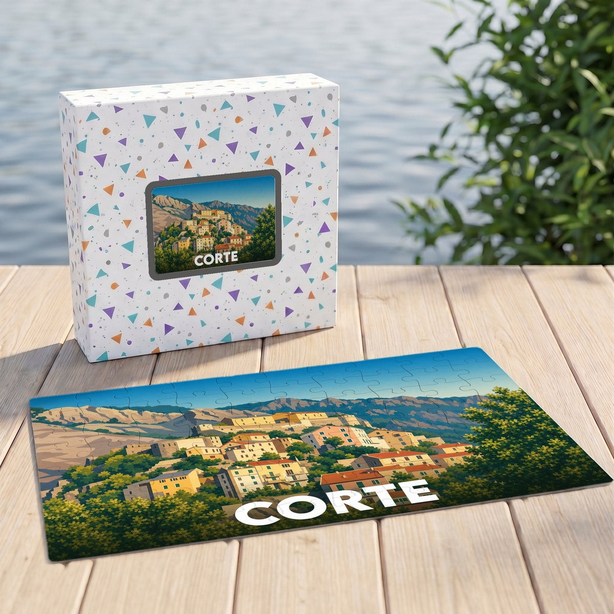 Puzzle souvenir de la ville de Corte avec une illustration stylisée de ses maisons nichées dans les montagnes.