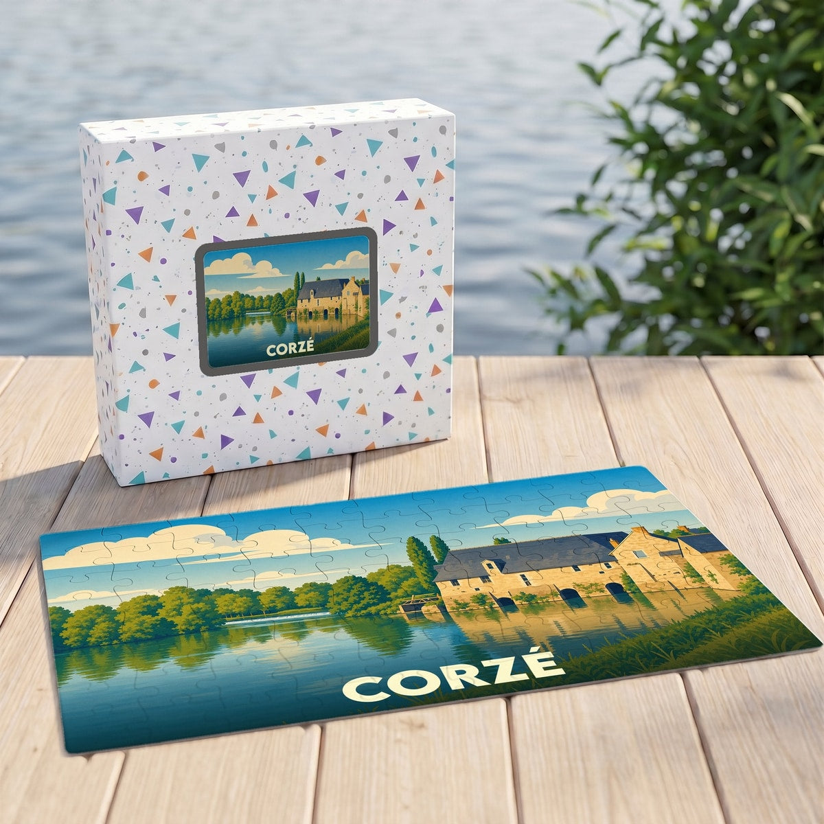 Puzzle souvenir de la ville de Corzé avec une illustration stylisée d'un moulin au bord de l'eau.