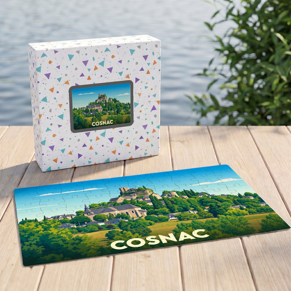 Puzzle souvenir de la ville de Cosnac avec une illustration paysagère stylisée.