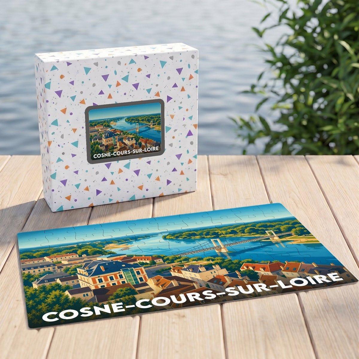 Puzzle souvenir de la ville de Cosne-Cours-sur-Loire avec une illustration stylisée de son pont et des bords de Loire.