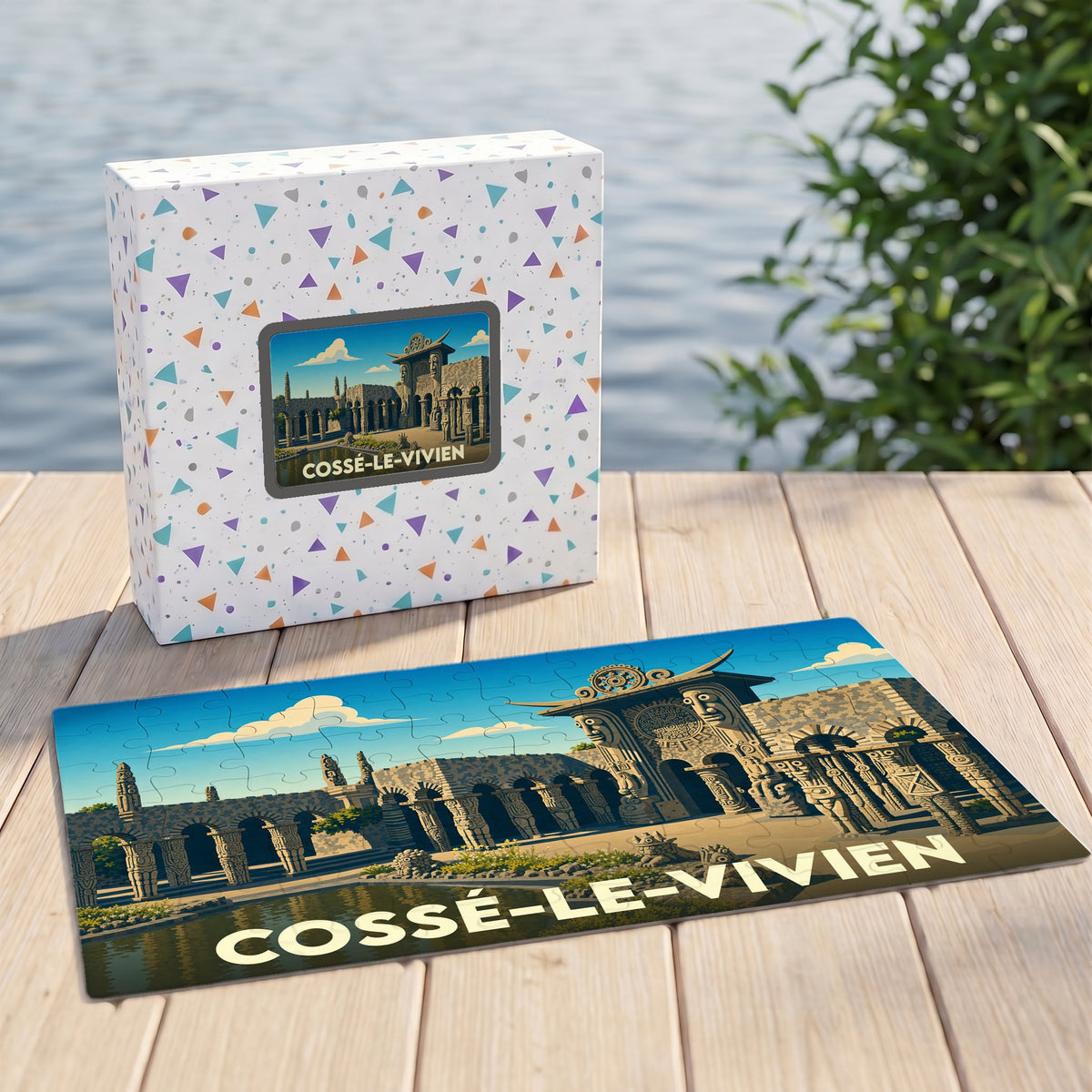 Puzzle souvenir de la ville de Cossé-le-Vivien avec une illustration stylisée de son patrimoine architectural.