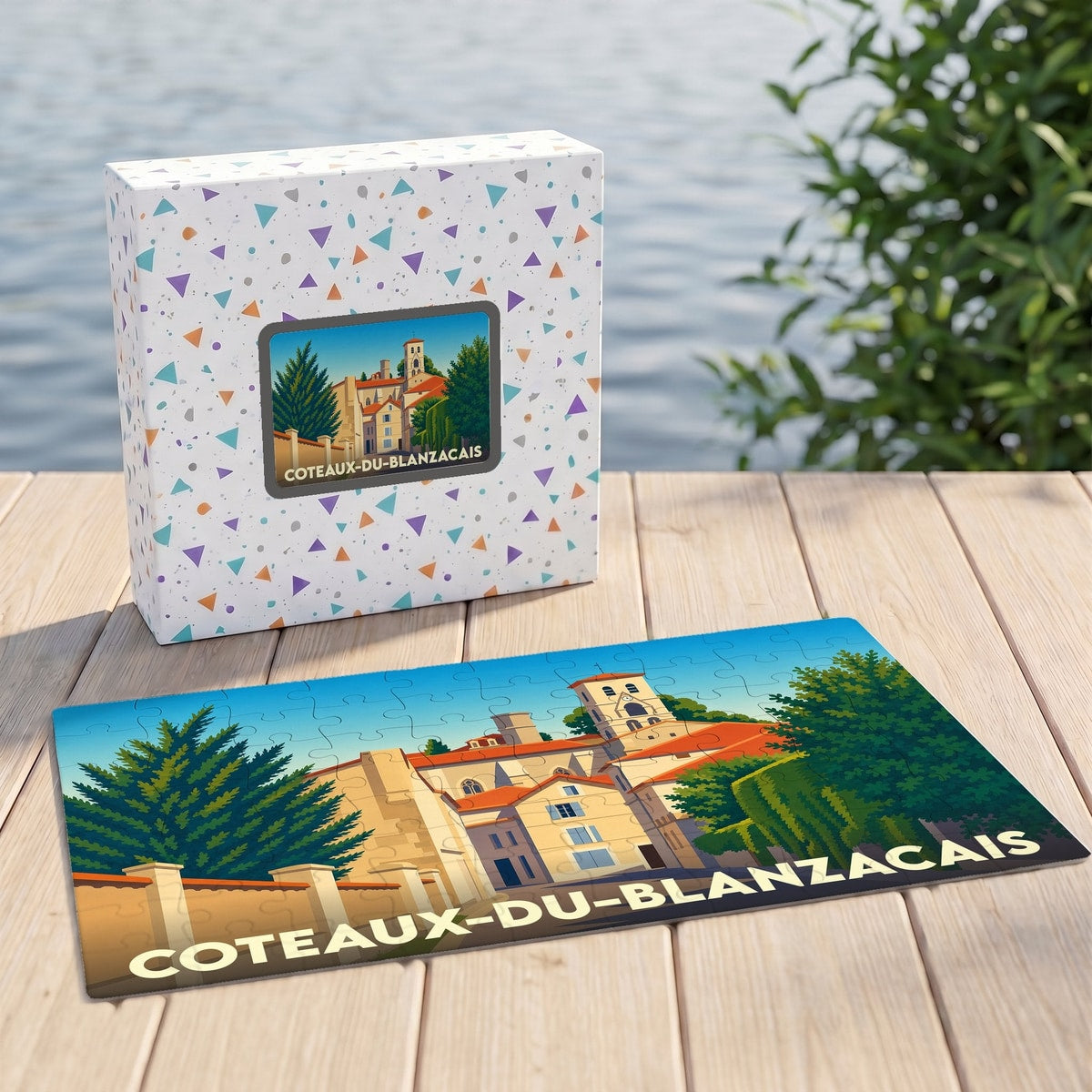 Puzzle souvenir de la commune de Coteaux-du-Blanzacais illustré d'un paysage urbain stylisé.