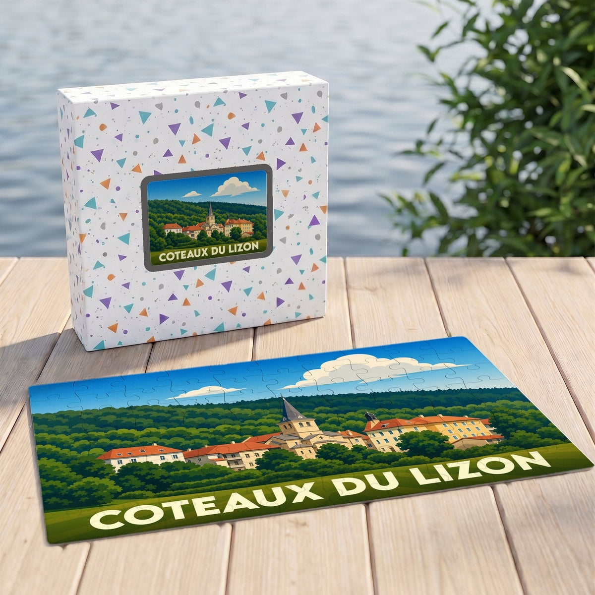 Puzzle souvenir de la ville de Coteaux du Lizon avec une illustration stylisée d'un paysage urbain verdoyant.