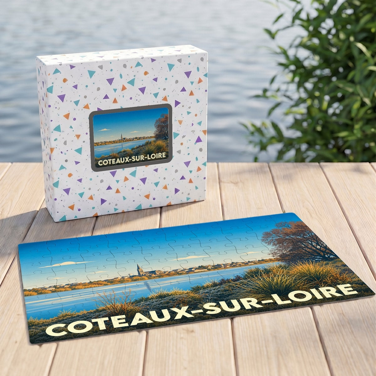 Puzzle souvenir de la commune de Coteaux-sur-Loire représentant un paysage de bord d'eau.