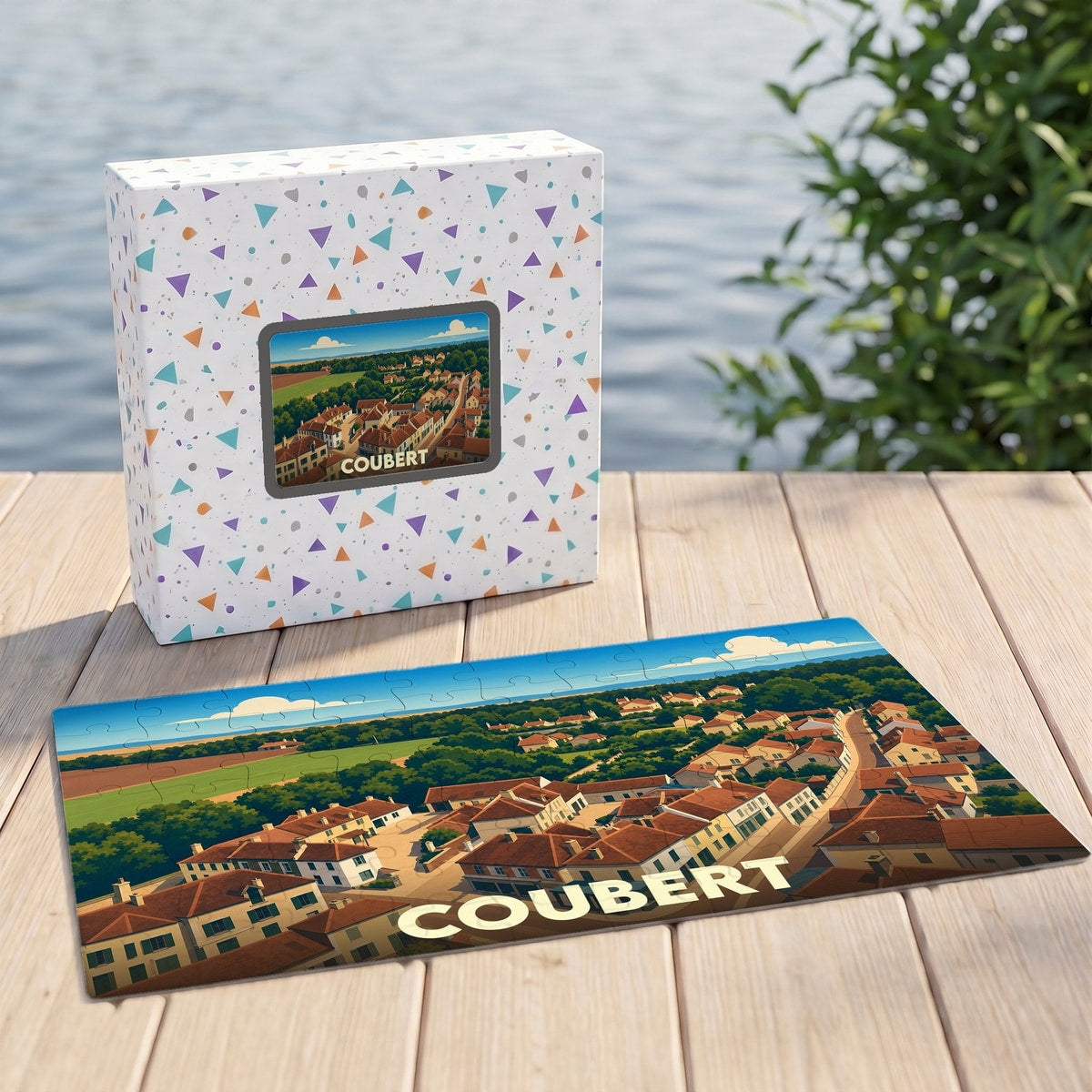 Puzzle souvenir de la ville de Coubert avec une illustration stylisée de ses toits.