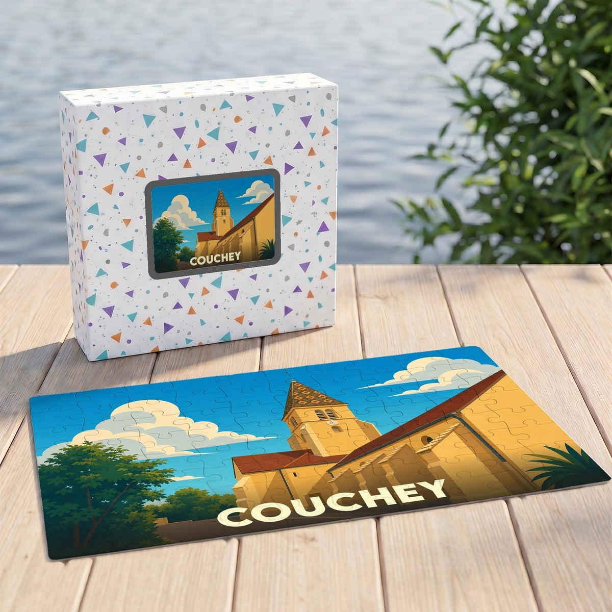 Puzzle souvenir de la ville de Couchey avec une illustration stylisée de son église.