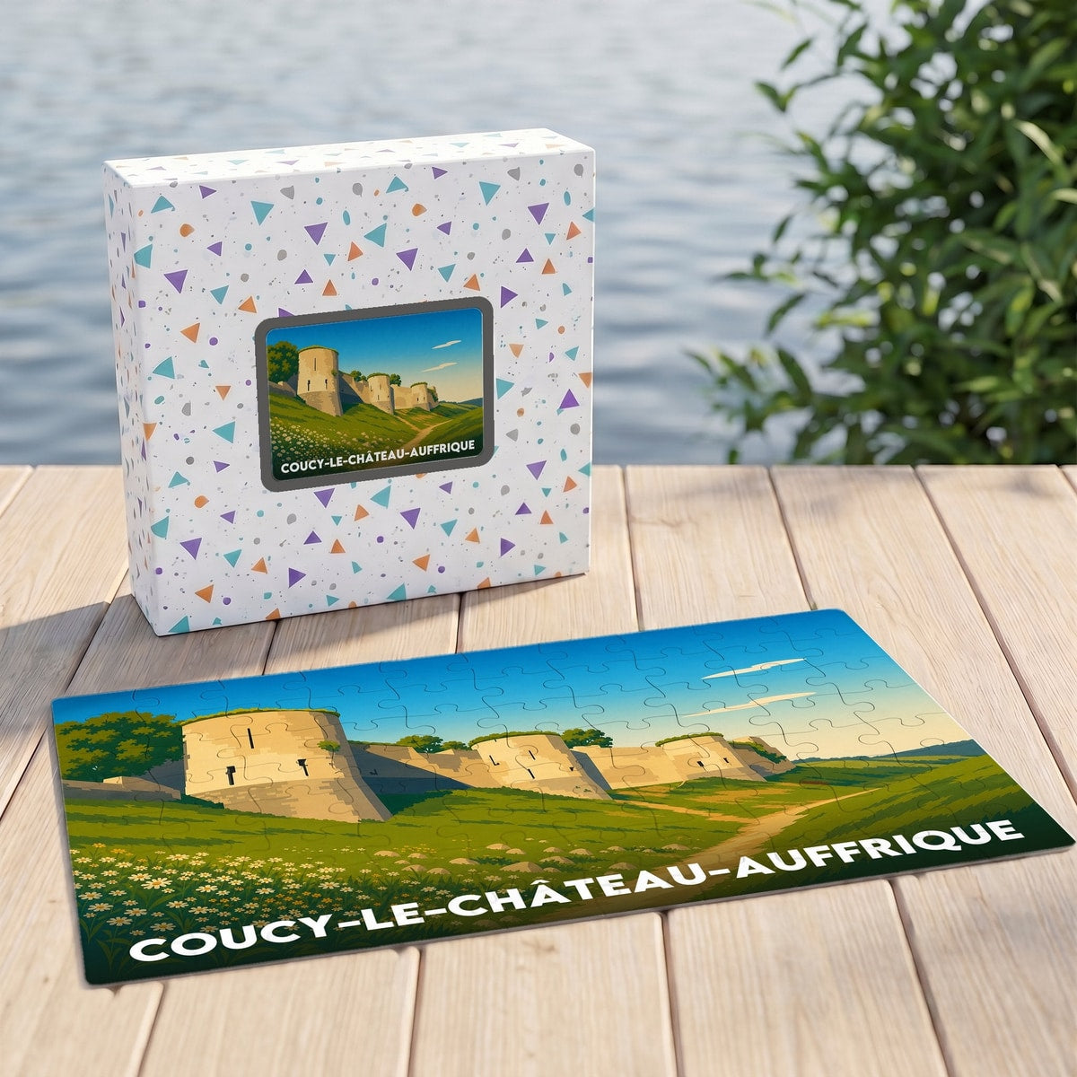 Puzzle souvenir de la ville de Coucy-le-Château-Auffrique avec une illustration stylisée de ses remparts médiévaux.