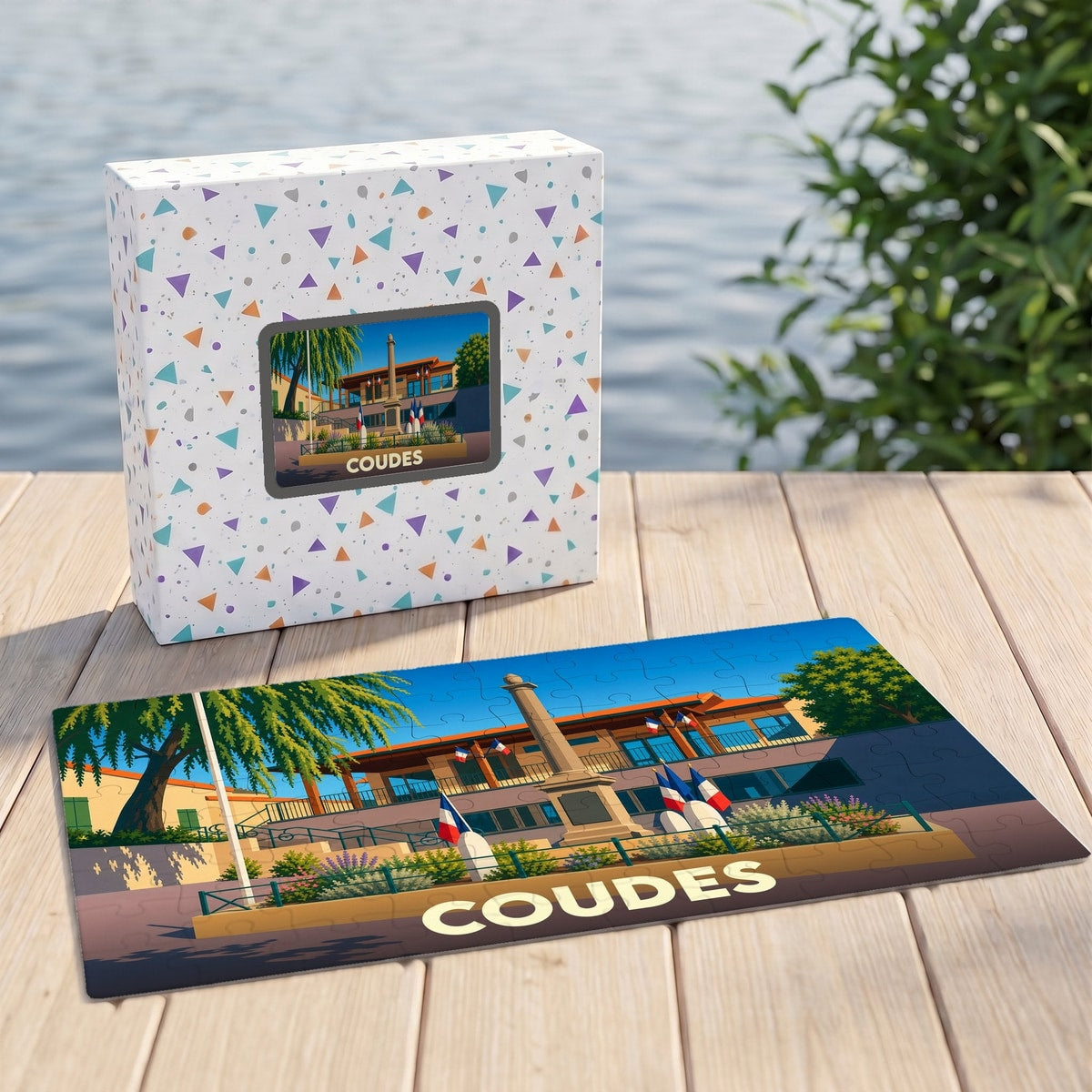 Puzzle souvenir de la ville de Coudes présentant une illustration stylisée et colorée.