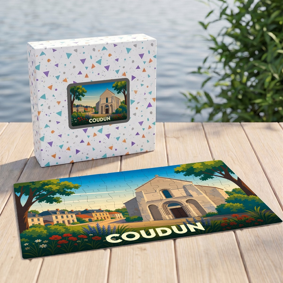 Puzzle souvenir de la ville de Coudun avec son illustration stylisée et sa boîte assortie.