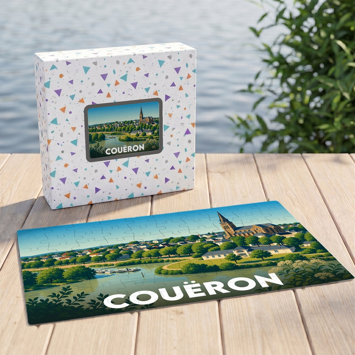 Puzzle souvenir de la ville de Couëron avec une illustration panoramique stylisée.
