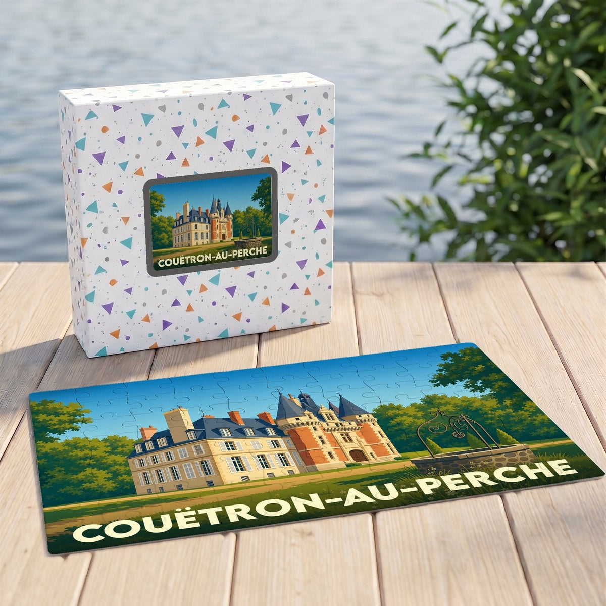 Puzzle souvenir de la ville de Couëtron-au-Perche avec une illustration stylisée de château.