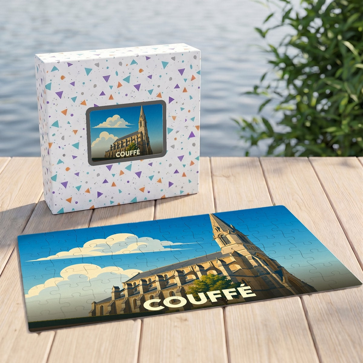 Puzzle souvenir de la ville de Couffé présentant une illustration stylisée de son église.