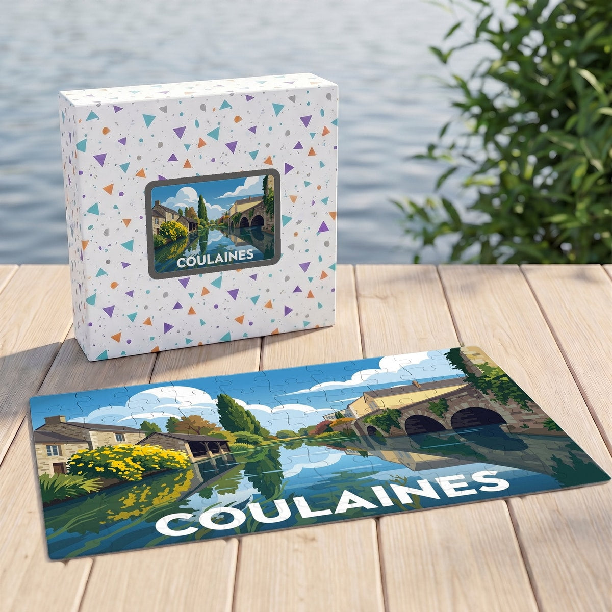 Puzzle souvenir de la ville de Coulaines avec une illustration stylisée d'un paysage de bord de rivière.