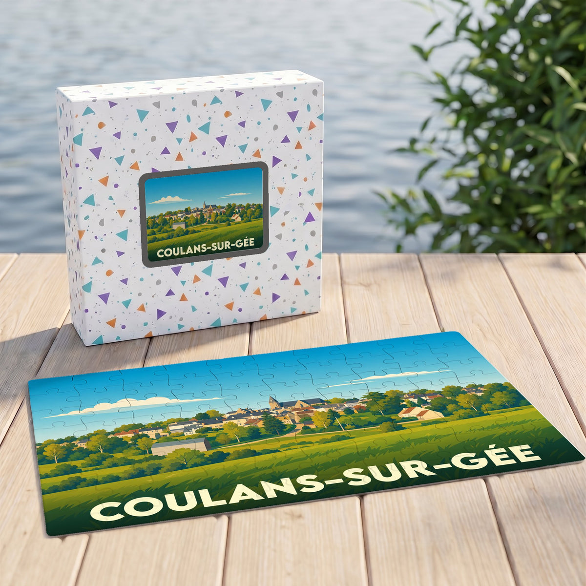Puzzle souvenir de la ville de Coulans-sur-Gée avec une illustration paysagère stylisée.