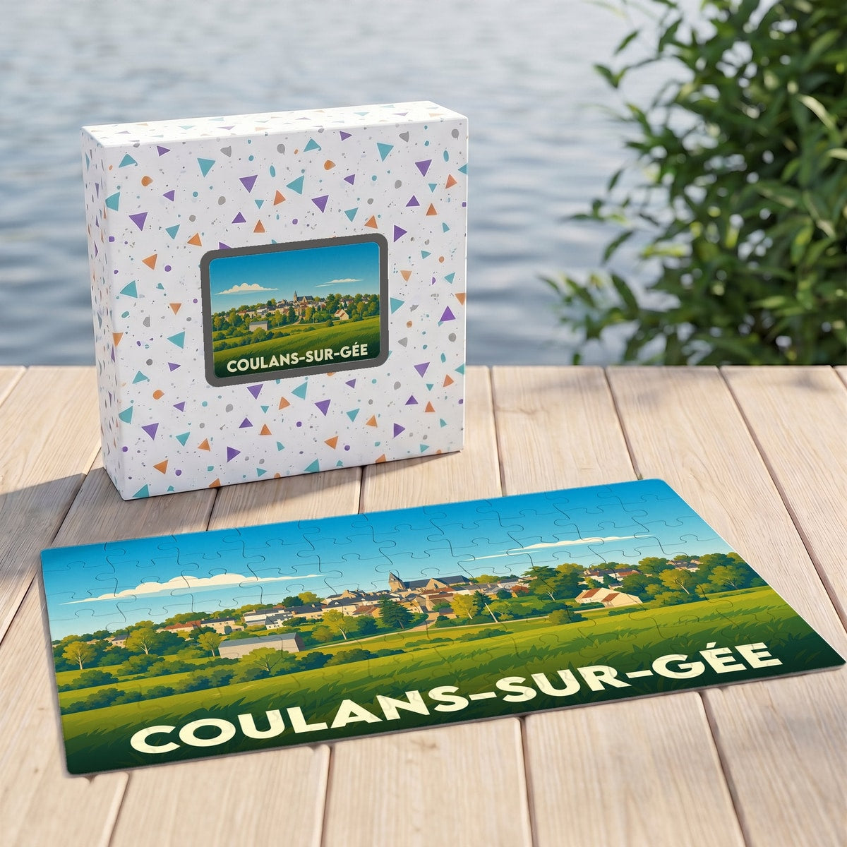 Puzzle souvenir de la ville de Coulans-sur-Gée avec une illustration stylisée et colorée.