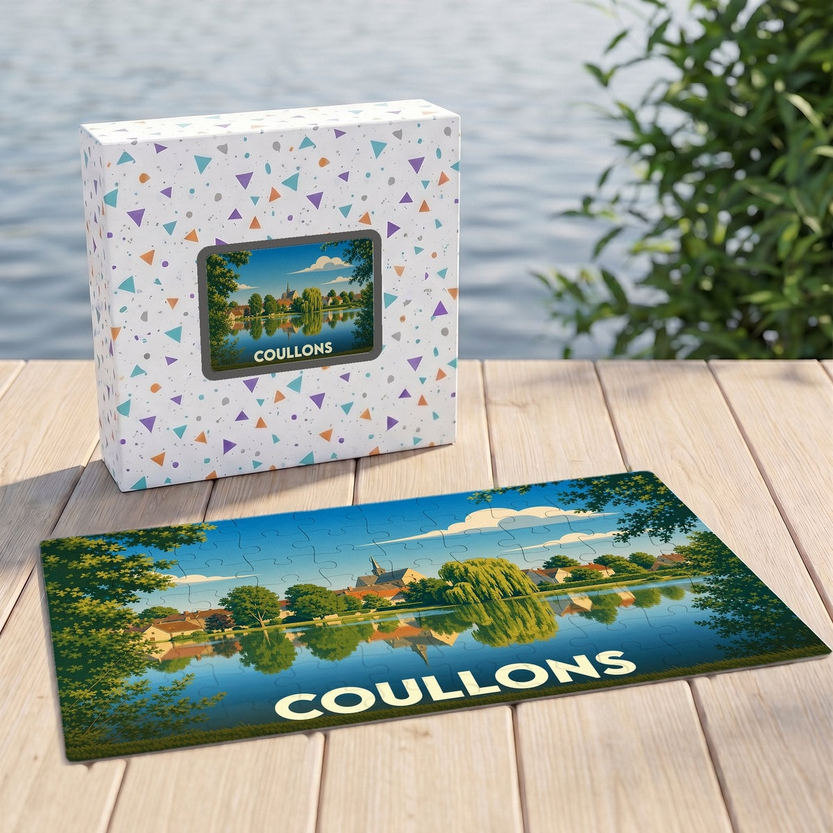 Puzzle souvenir de la ville de Coullons illustrant un paysage lacustre paisible et ensoleillé.