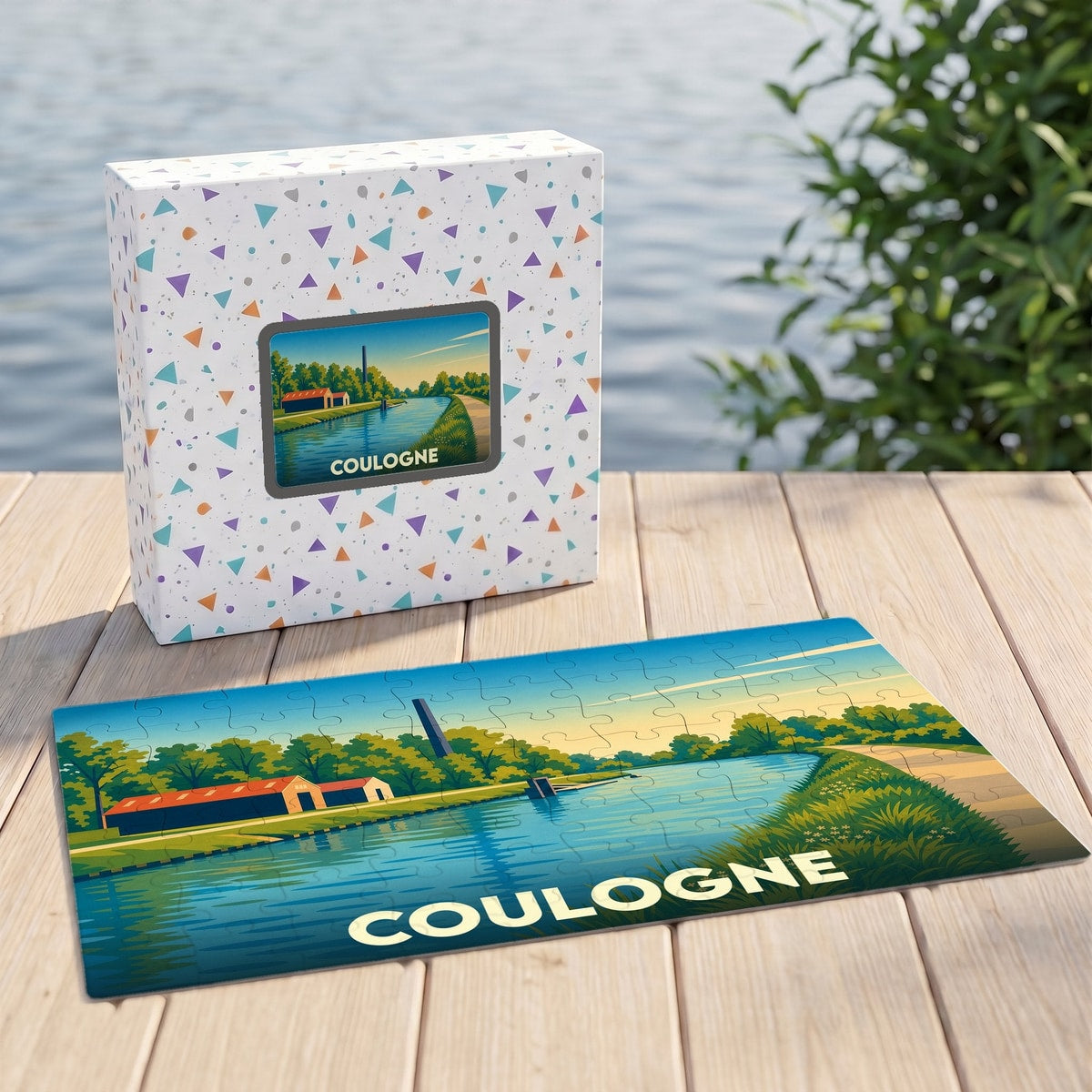 Puzzle souvenir de la ville de Coulogne illustrant un paysage de canal dans un style rétro.