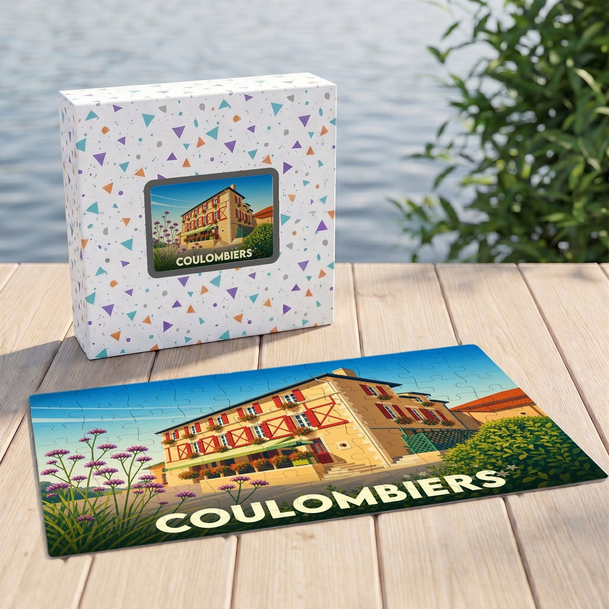 Puzzle souvenir de la ville de Coulombiers avec une illustration colorée d'une maison traditionnelle.