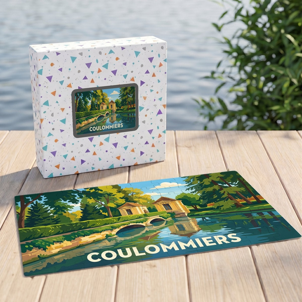 Puzzle souvenir de la ville de Coulommiers avec une illustration stylisée représentant un parc et son cours d'eau.