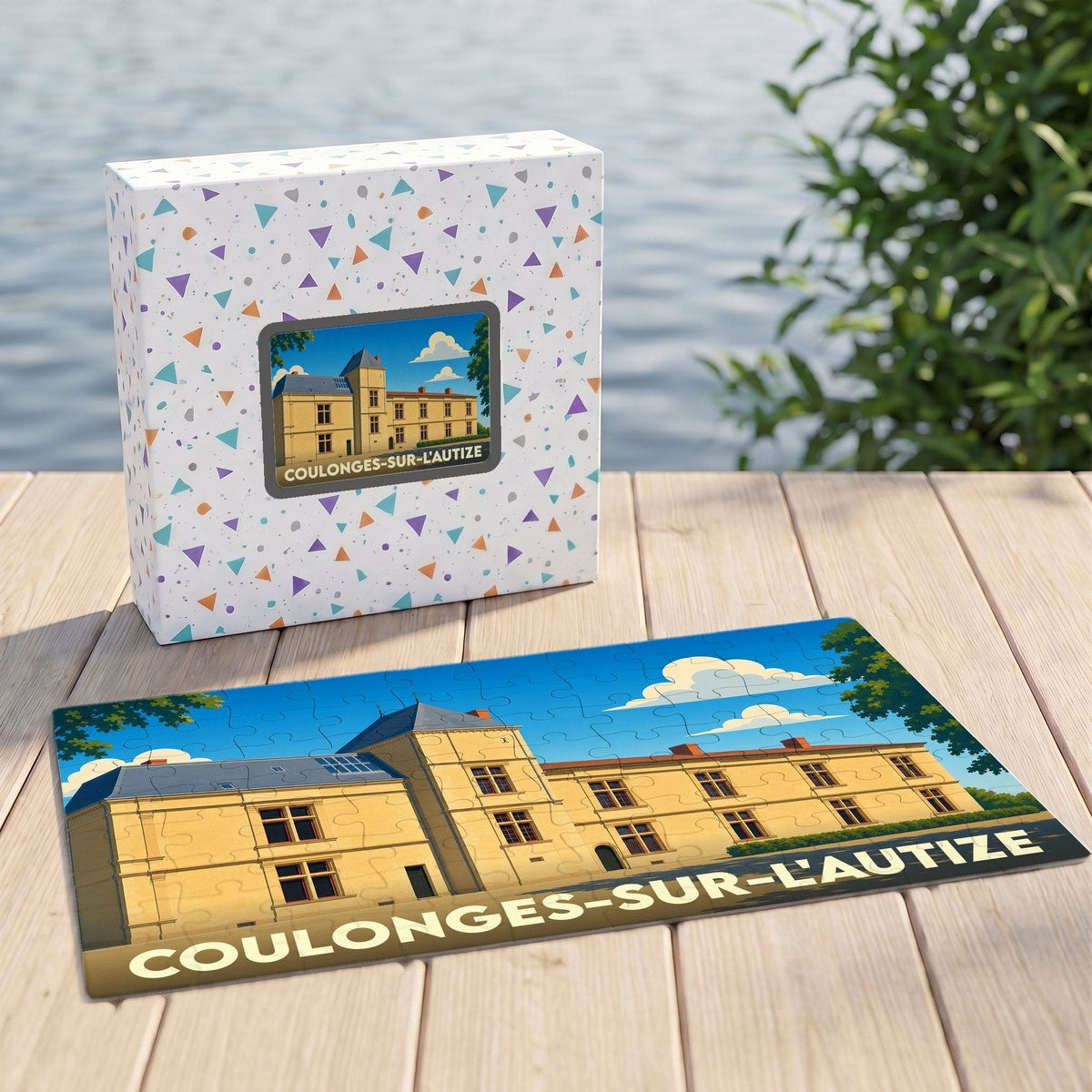 Puzzle souvenir de la ville de Coulonges-sur-l'Autize avec une illustration stylisée de son château.
