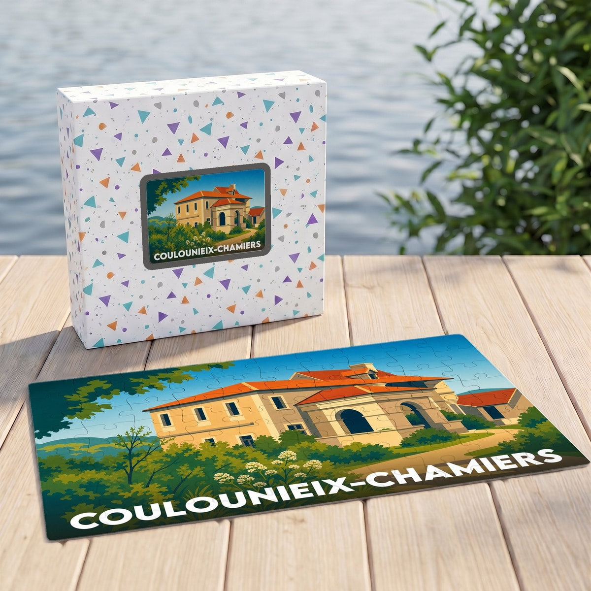 Puzzle souvenir de la ville de Coulounieix-Chamiers avec une illustration stylisée de sa mairie.