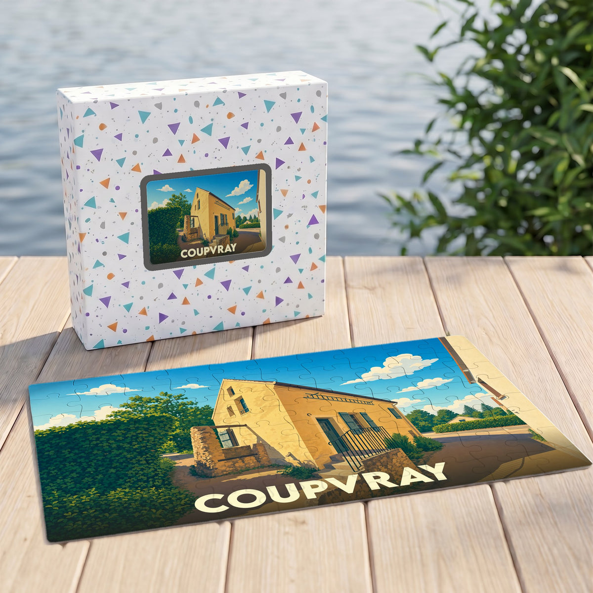 Puzzle souvenir de la ville de Coupvray avec une illustration stylisée d'une maison ancienne.