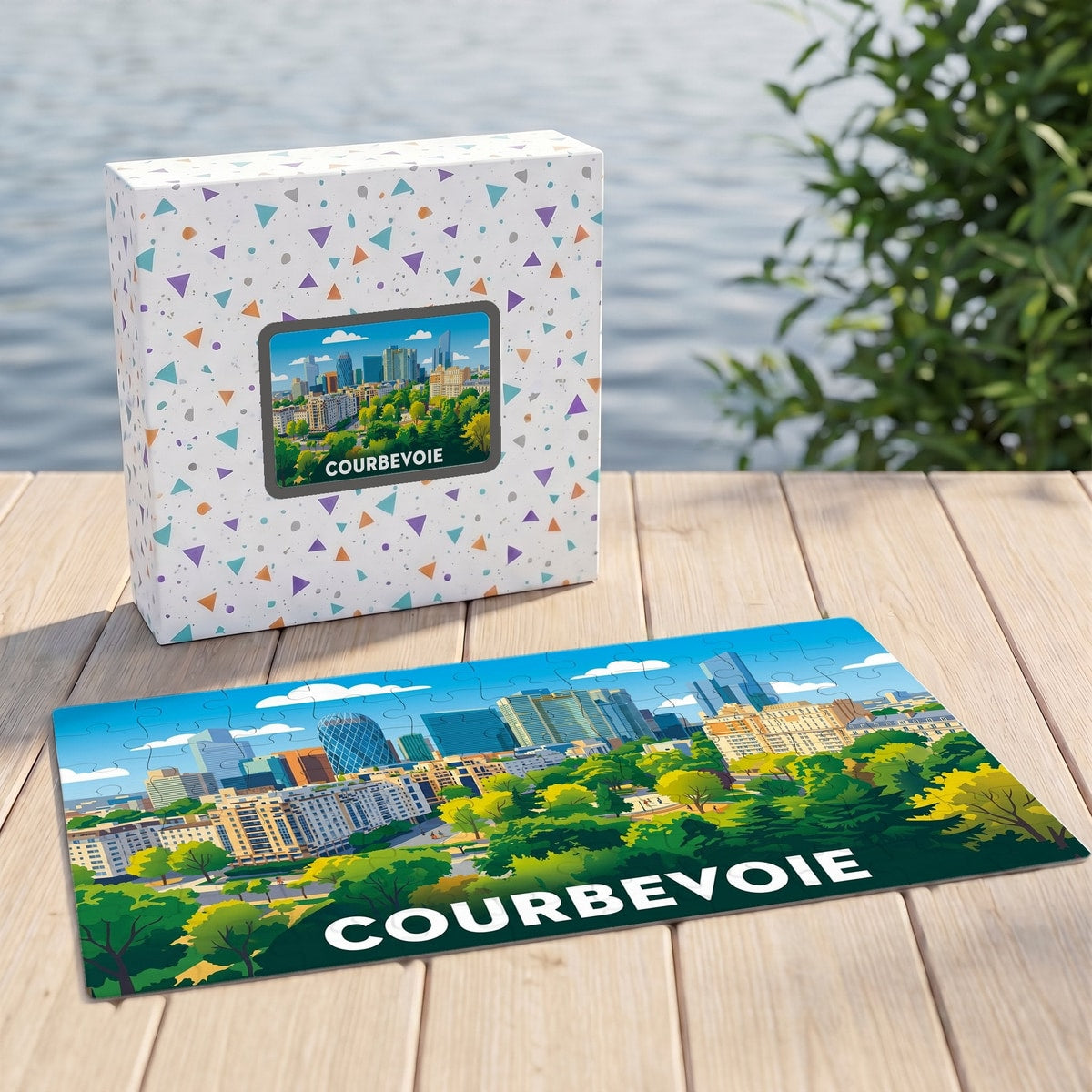 Puzzle souvenir de la ville de Courbevoie avec une illustration colorée de son quartier d'affaires et de ses parcs.