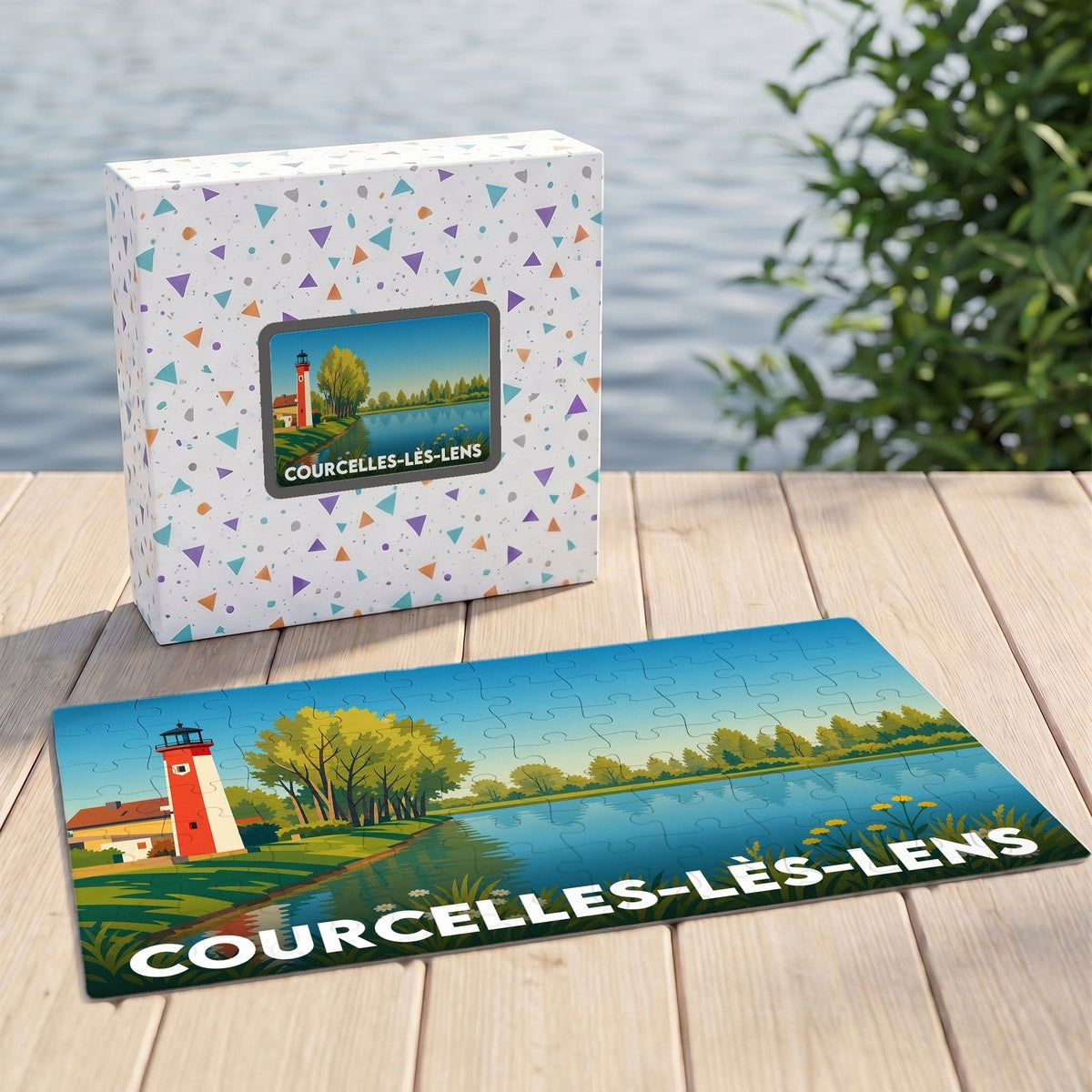 Puzzle souvenir de la ville de Courcelles-lès-Lens représentant une illustration stylisée d'un bord de l'eau avec son phare.
