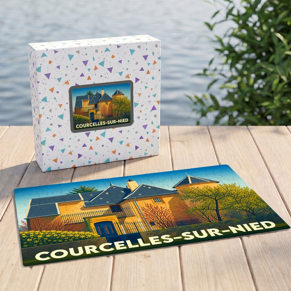 Puzzle souvenir de la ville de Courcelles-sur-Nied avec une illustration stylisée d'une maison de maître.