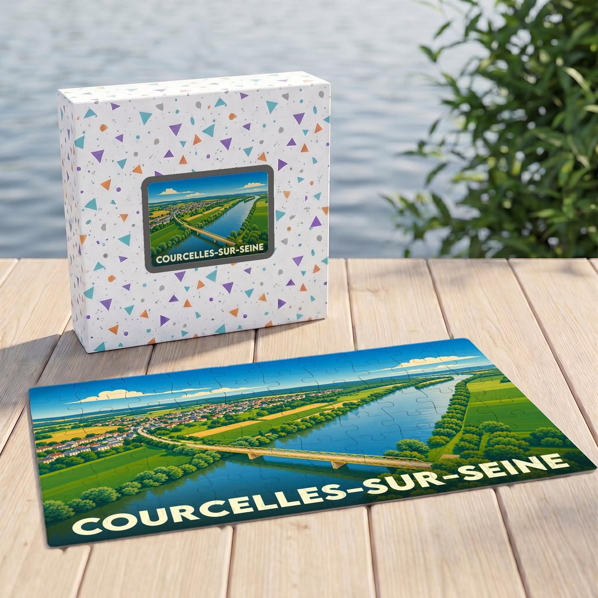 Puzzle souvenir de la ville de Courcelles-sur-Seine avec une illustration stylisée d'un pont enjambant le fleuve.
