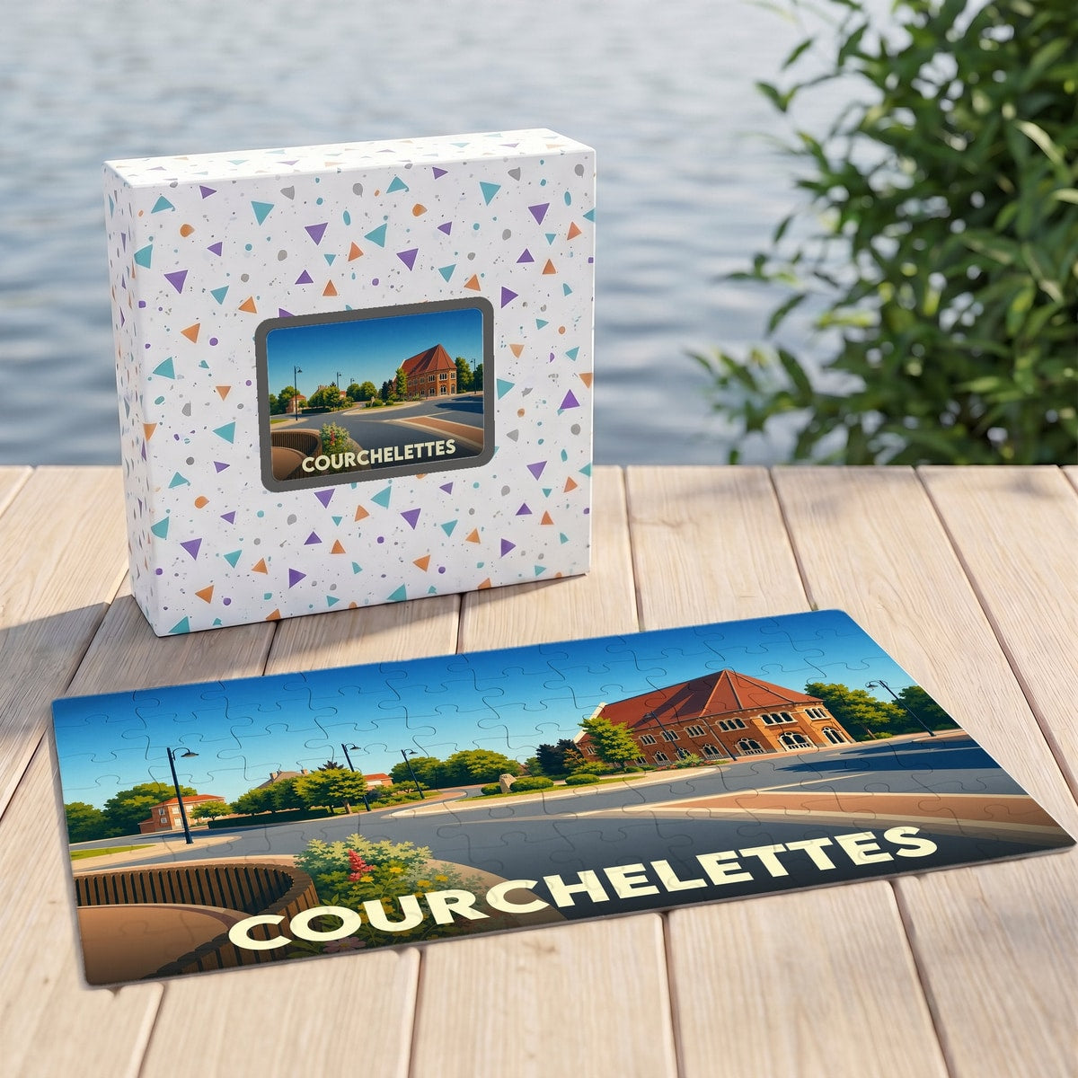 Puzzle souvenir de la ville de Courchelettes avec une illustration stylisée et sa boîte assortie.