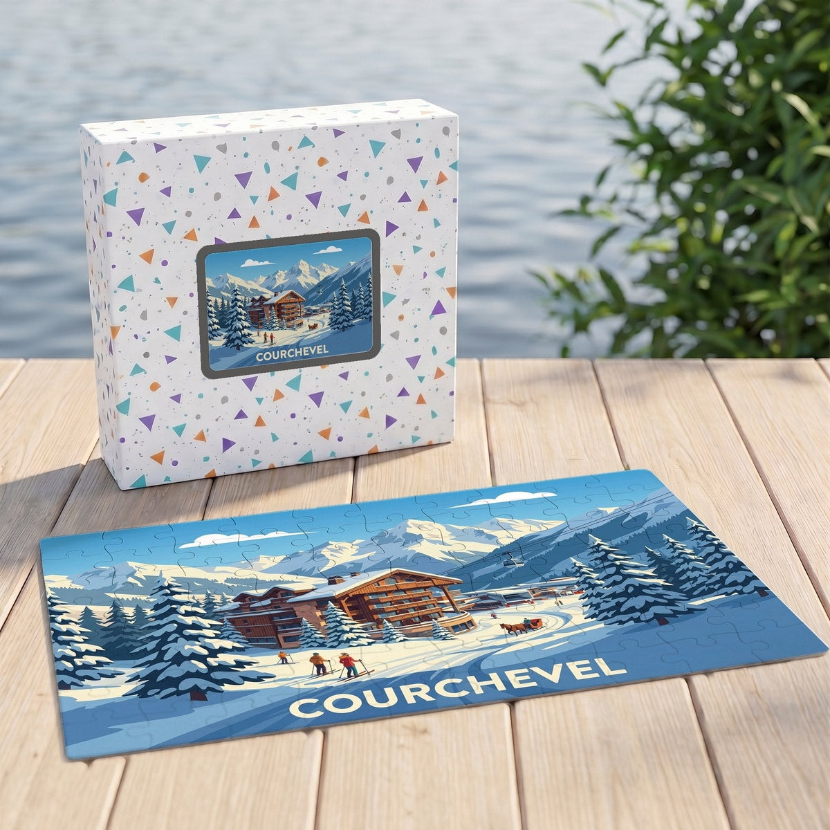 Puzzle souvenir de la ville de Courchevel avec une illustration hivernale stylisée et sa boîte assortie.