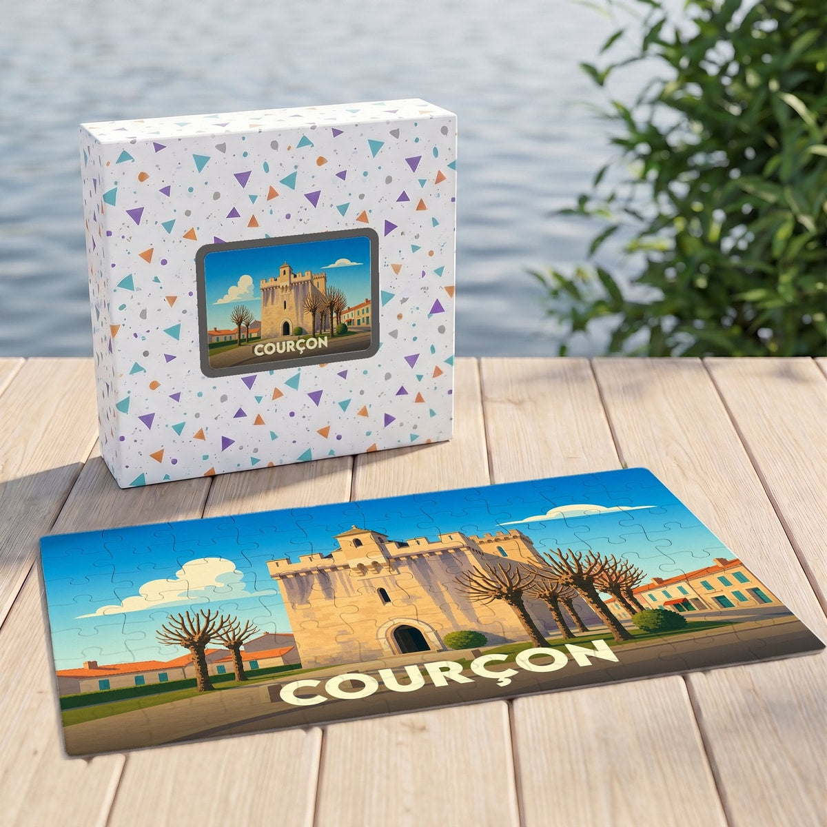 Puzzle souvenir de la ville de Courçon avec une illustration stylisée de son église fortifiée.