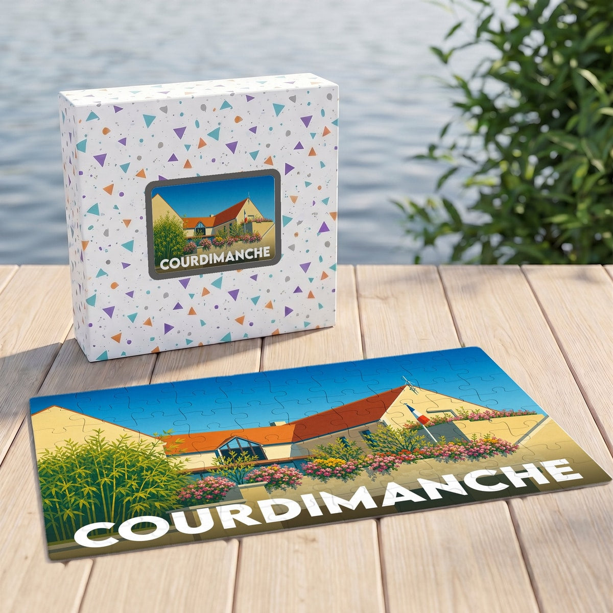 Puzzle souvenir de la ville de Courdimanche avec une illustration stylisée.