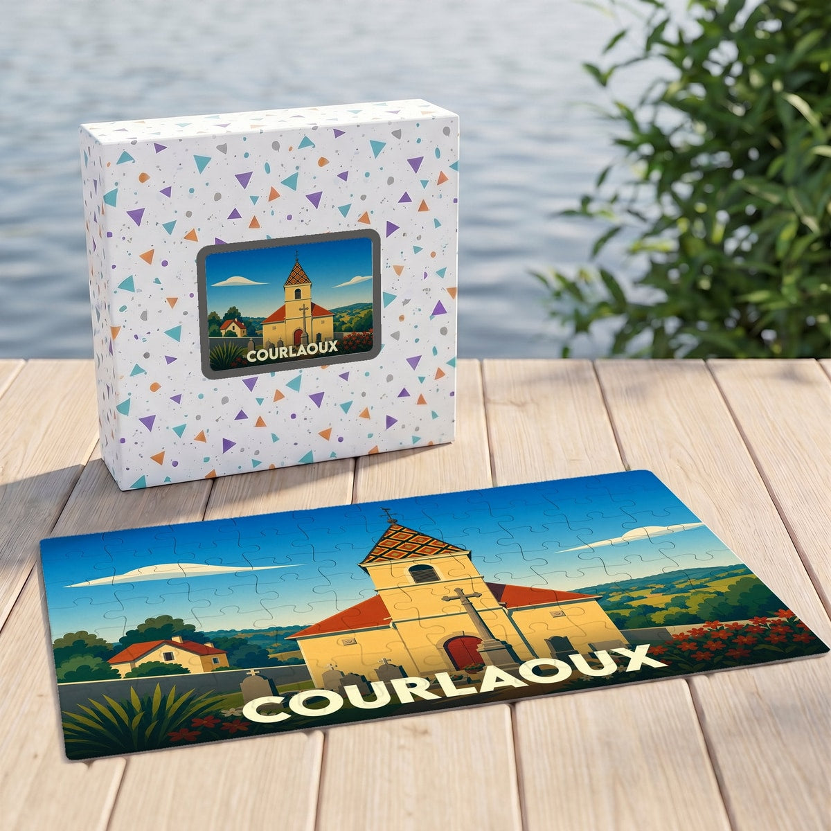 Puzzle souvenir de la ville de Courlaoux avec une illustration stylisée d'un paysage local.