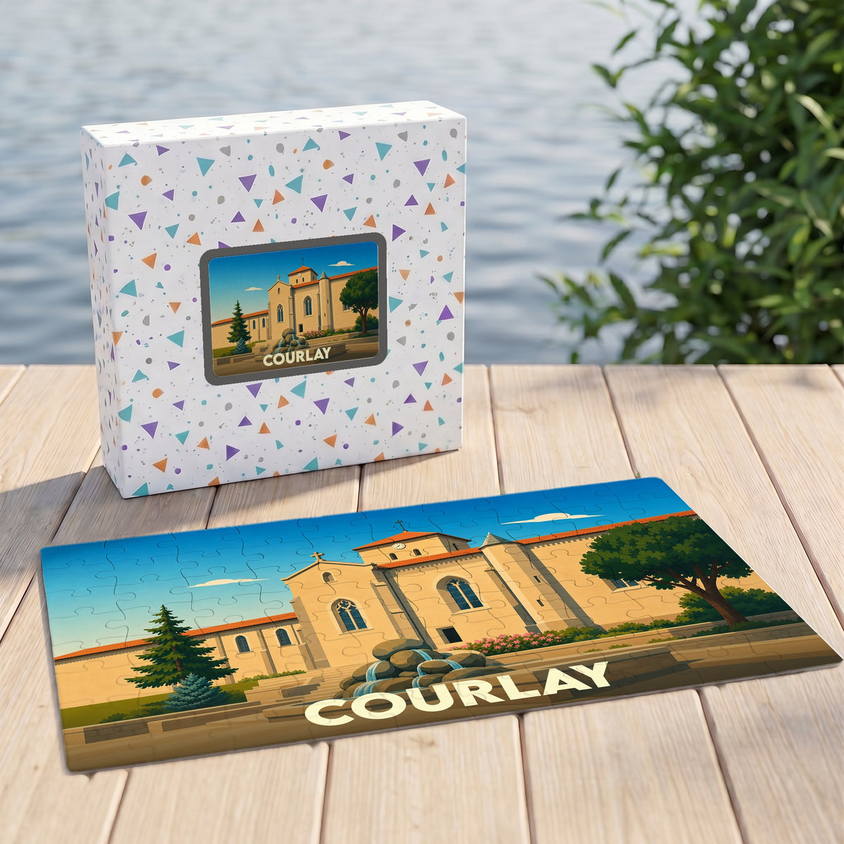 Puzzle souvenir de la ville de Courlay avec une illustration stylisée de son église et de sa fontaine.