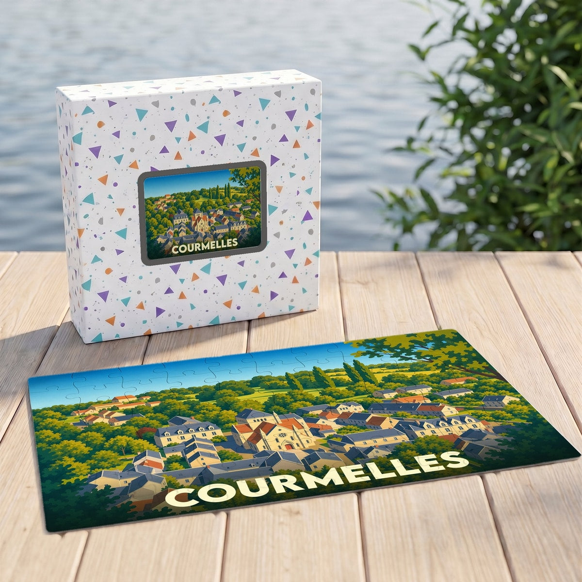 Puzzle souvenir de la ville de Courmelles avec une illustration stylisée de ses paysages et habitations.