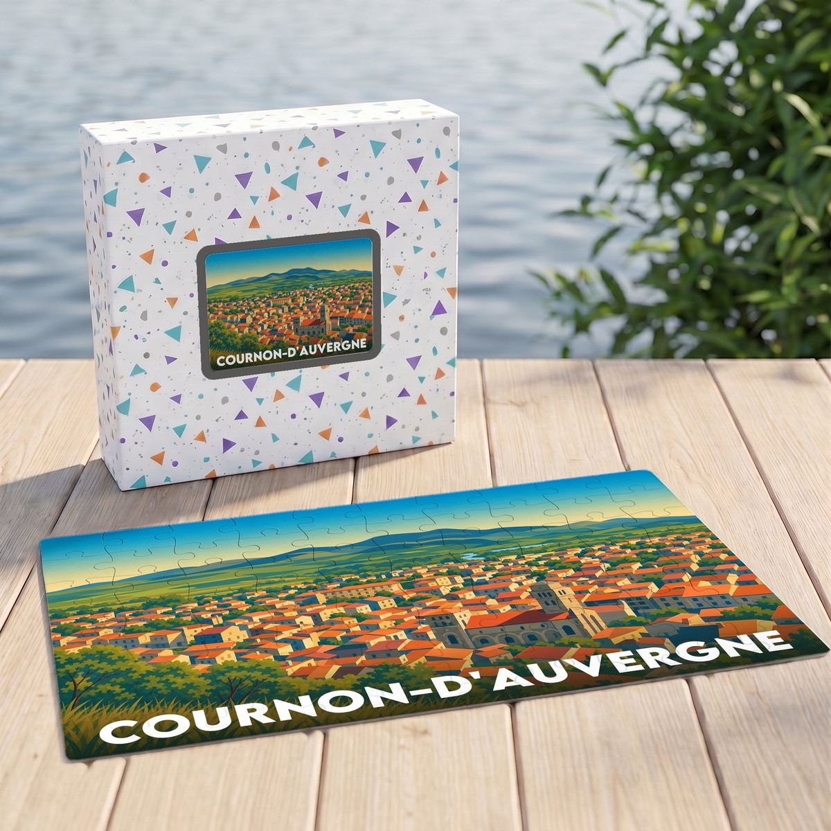 Puzzle souvenir de la ville de Cournon-d'Auvergne avec une illustration stylisée et colorée.