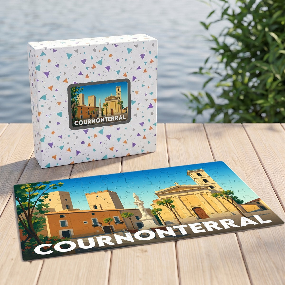 Puzzle souvenir de la ville de Cournonterral avec une illustration stylisée de son patrimoine architectural.