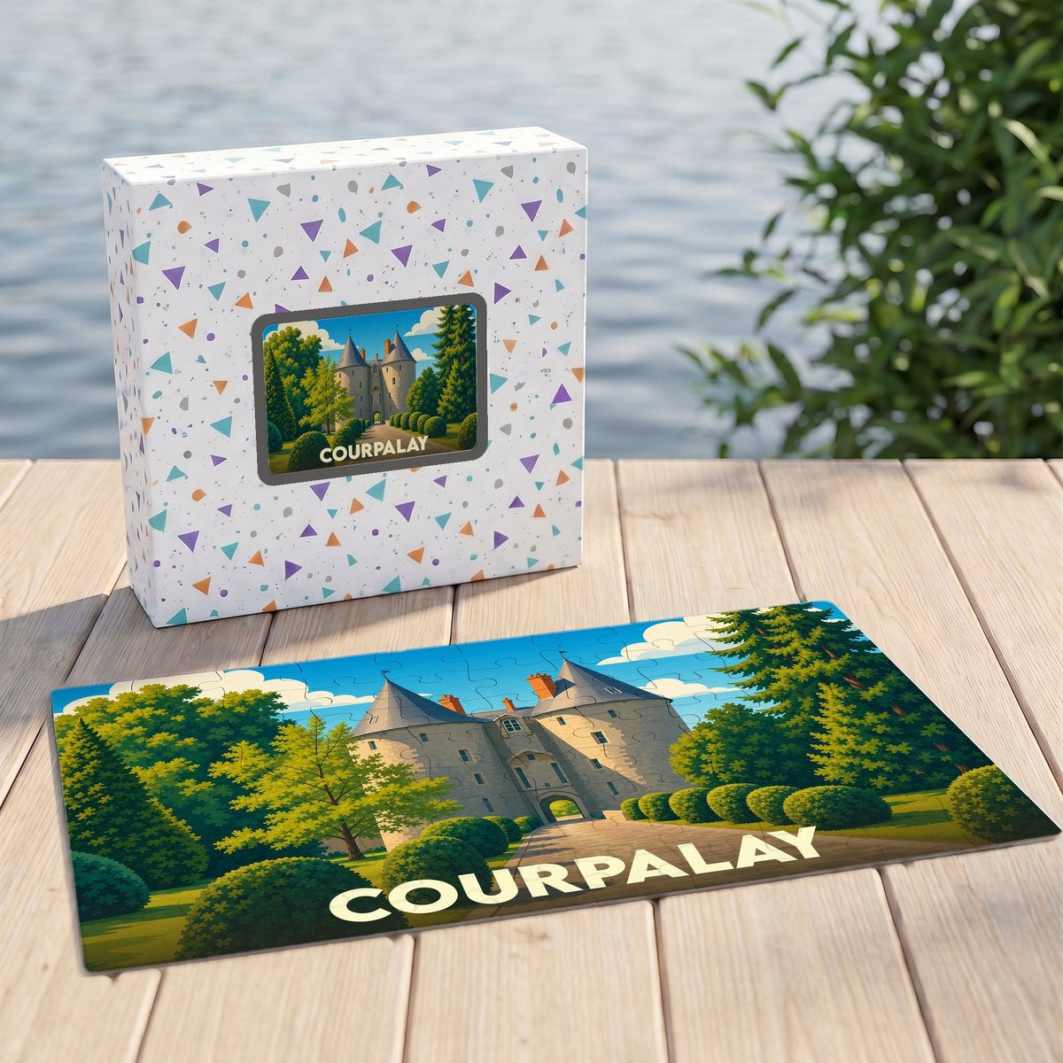 Puzzle souvenir de la ville de Courpalay avec une illustration stylisée représentant son château.