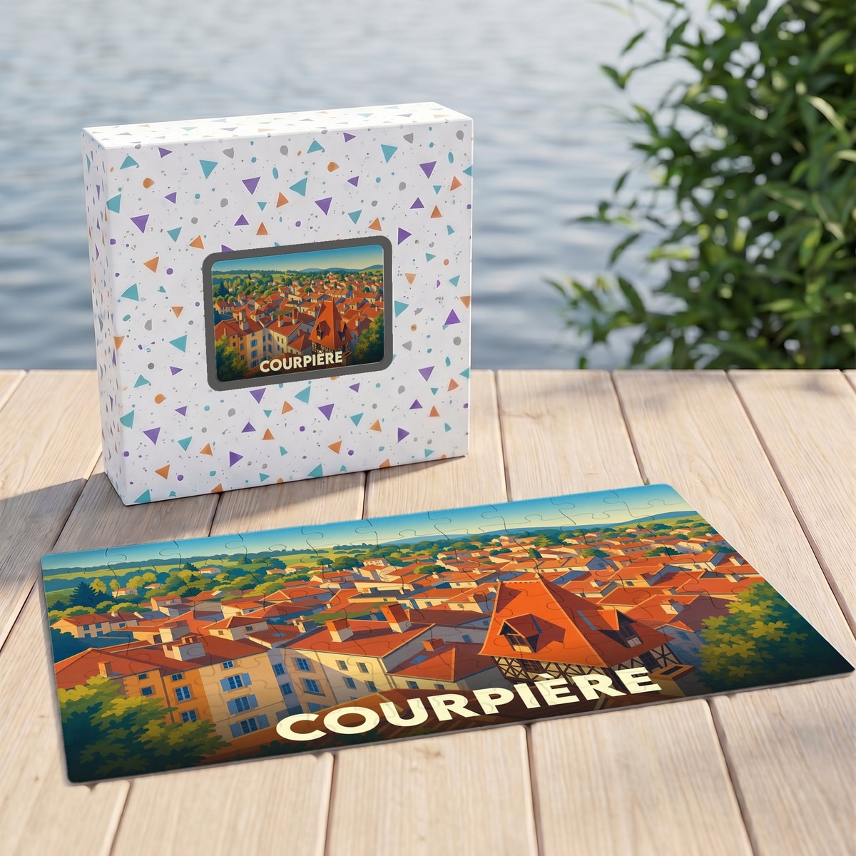 Puzzle souvenir de la ville de Courpière présentant une illustration stylisée de ses toits orangés.