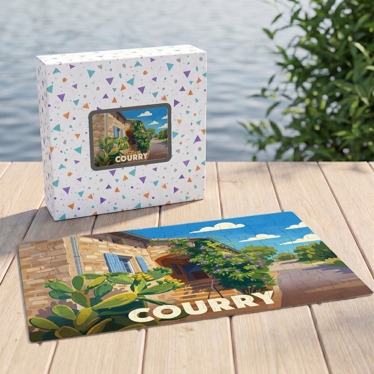 Puzzle souvenir de la ville de Courry avec une illustration stylisée d'une maison en pierre.