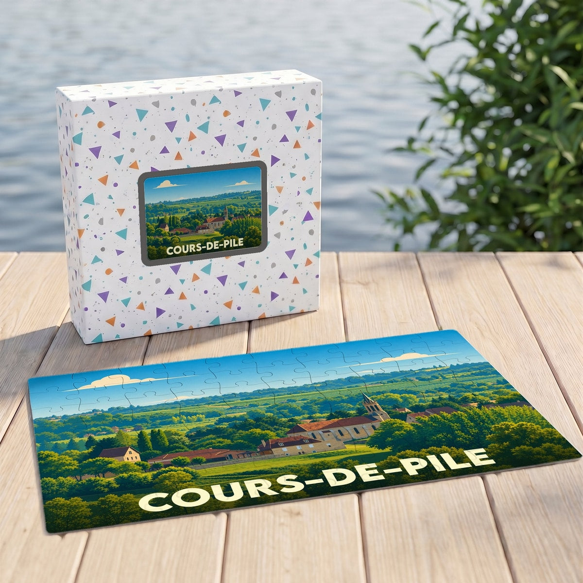 Puzzle souvenir de la ville de Cours-de-Pile avec une illustration paysagère stylisée.