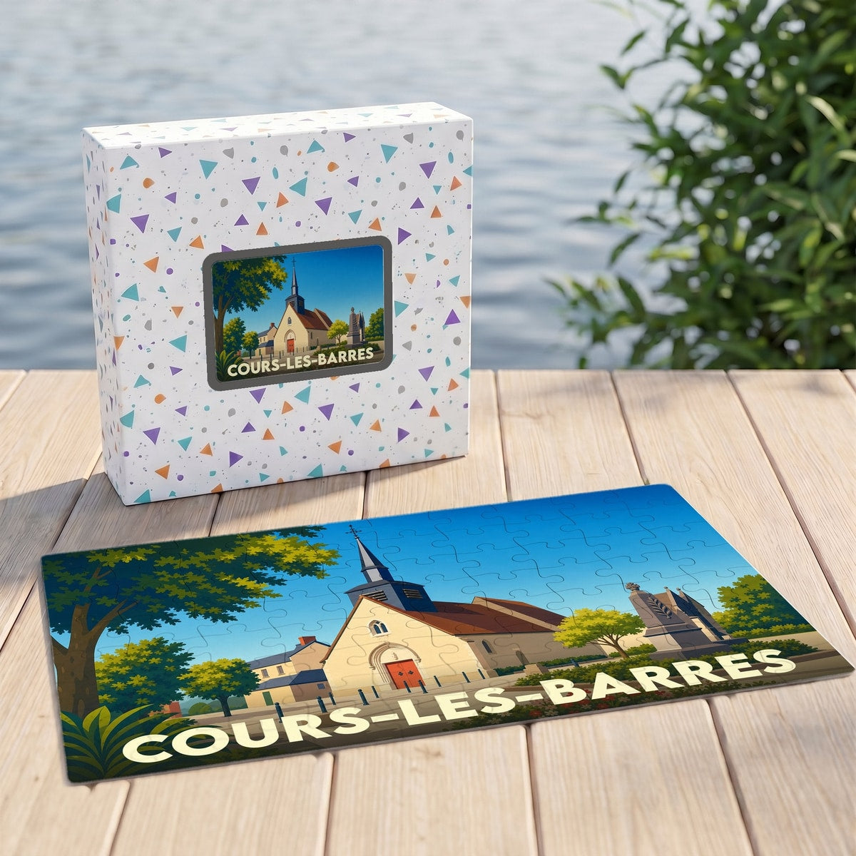 Puzzle souvenir de la ville de Cours-les-Barres avec une illustration stylisée et colorée.