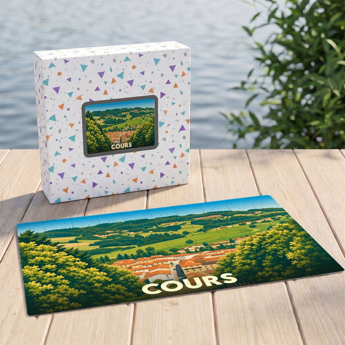 Puzzle souvenir de la ville de Cours avec une illustration paysagère stylisée.