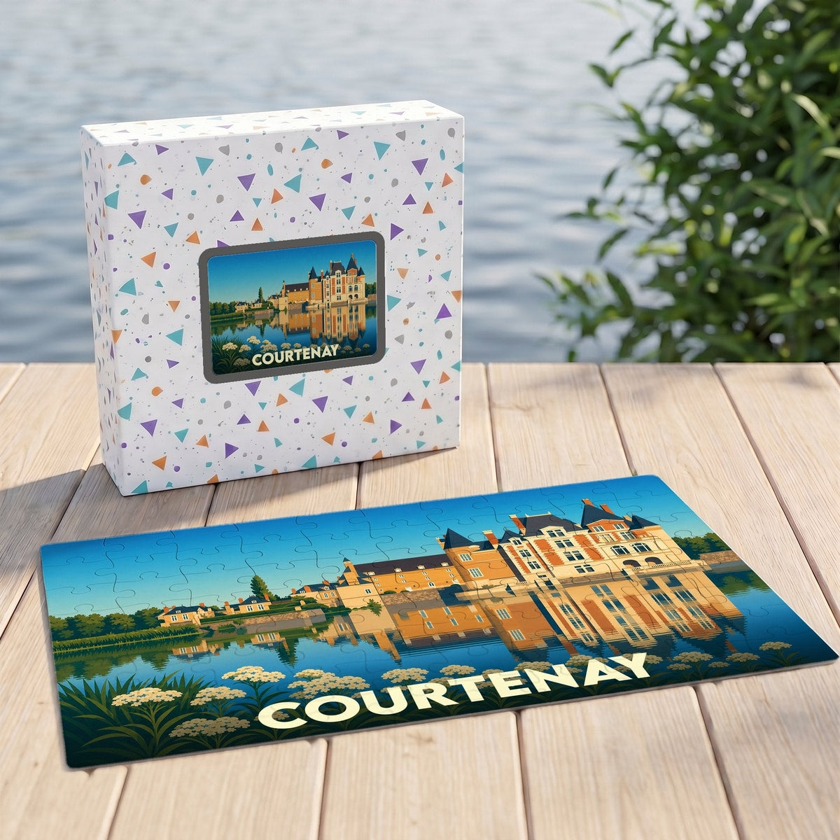 Puzzle souvenir de la ville de Courtenay avec une illustration stylisée de son château et de son reflet sur l'eau.