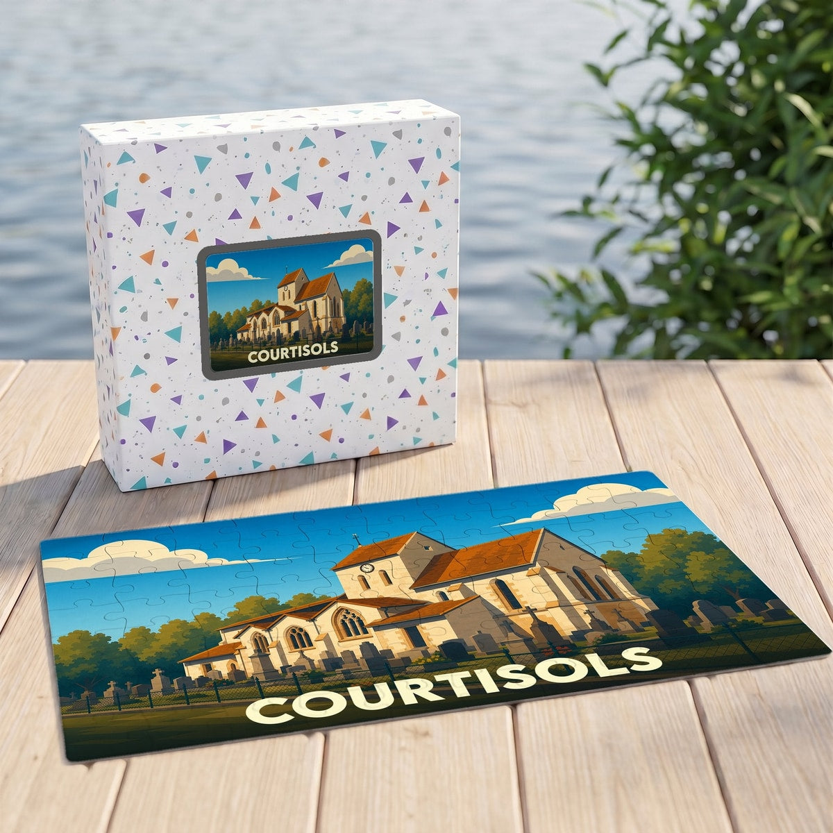 Puzzle souvenir de la ville de Courtisols illustré d'une église de style vintage.